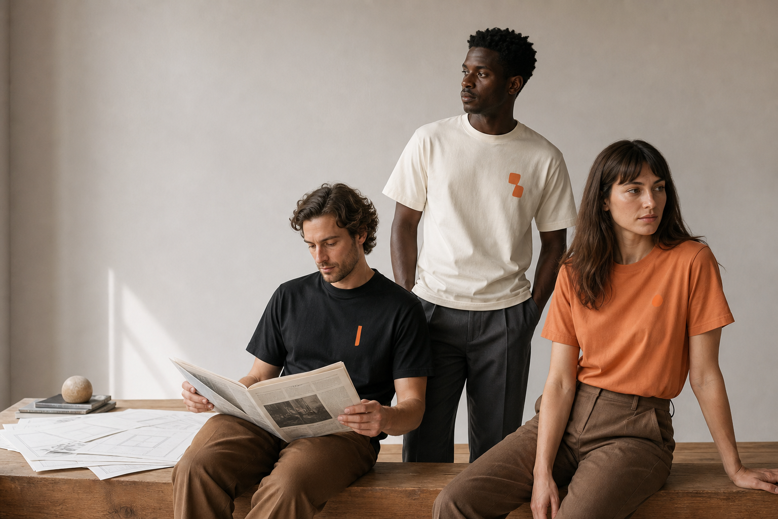 Three adult models in Bat Wayne Manor T-shirts and brown trousers reading a newspaper in the studio
