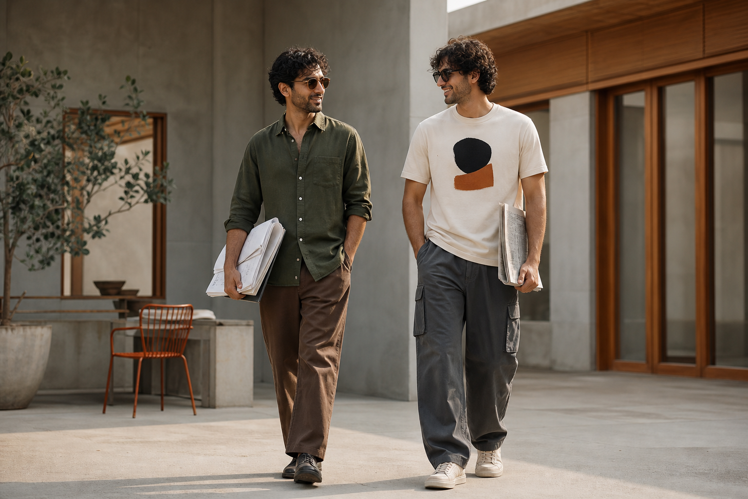 Two adult models in an olive shirt and graphic T-shirt wearing brown and graphite trousers