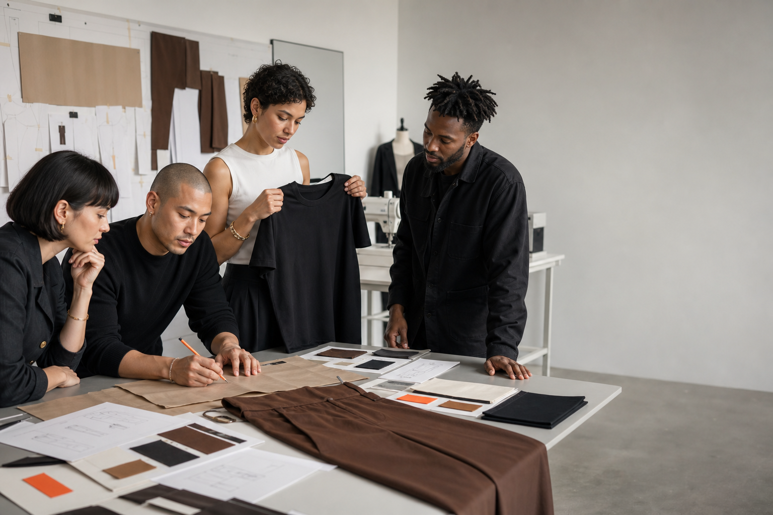 Fashion design team reviewing a T-shirt, fabric swatches and brown trouser patterns