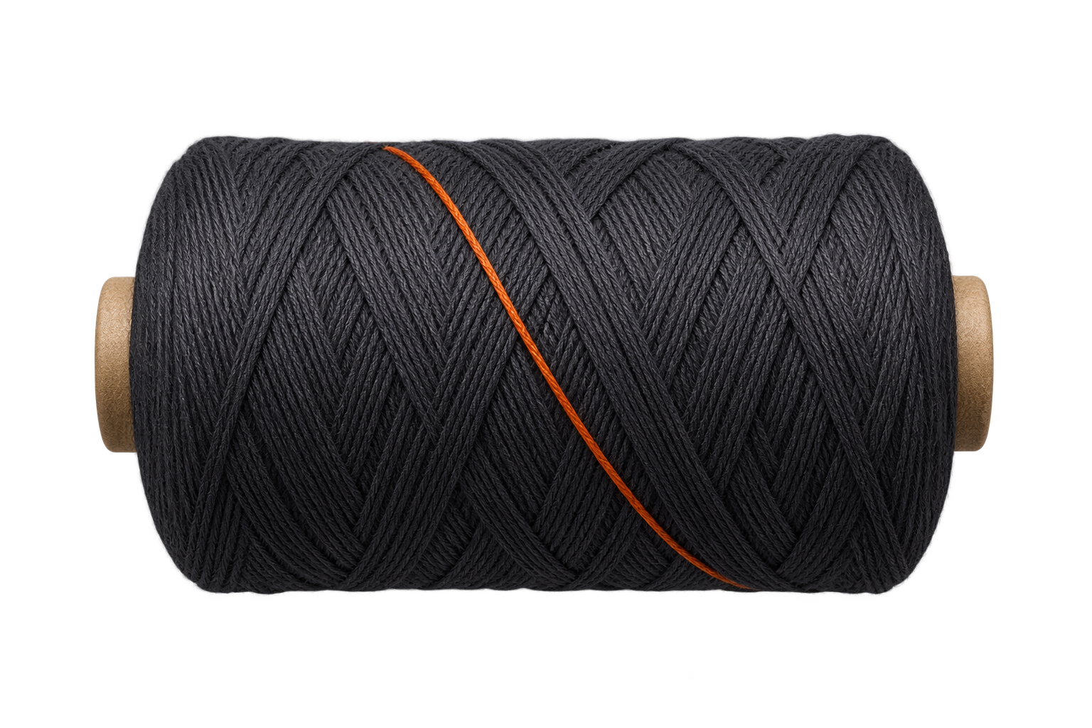 Cinematic graphite yarn spool with a single orange construction strand