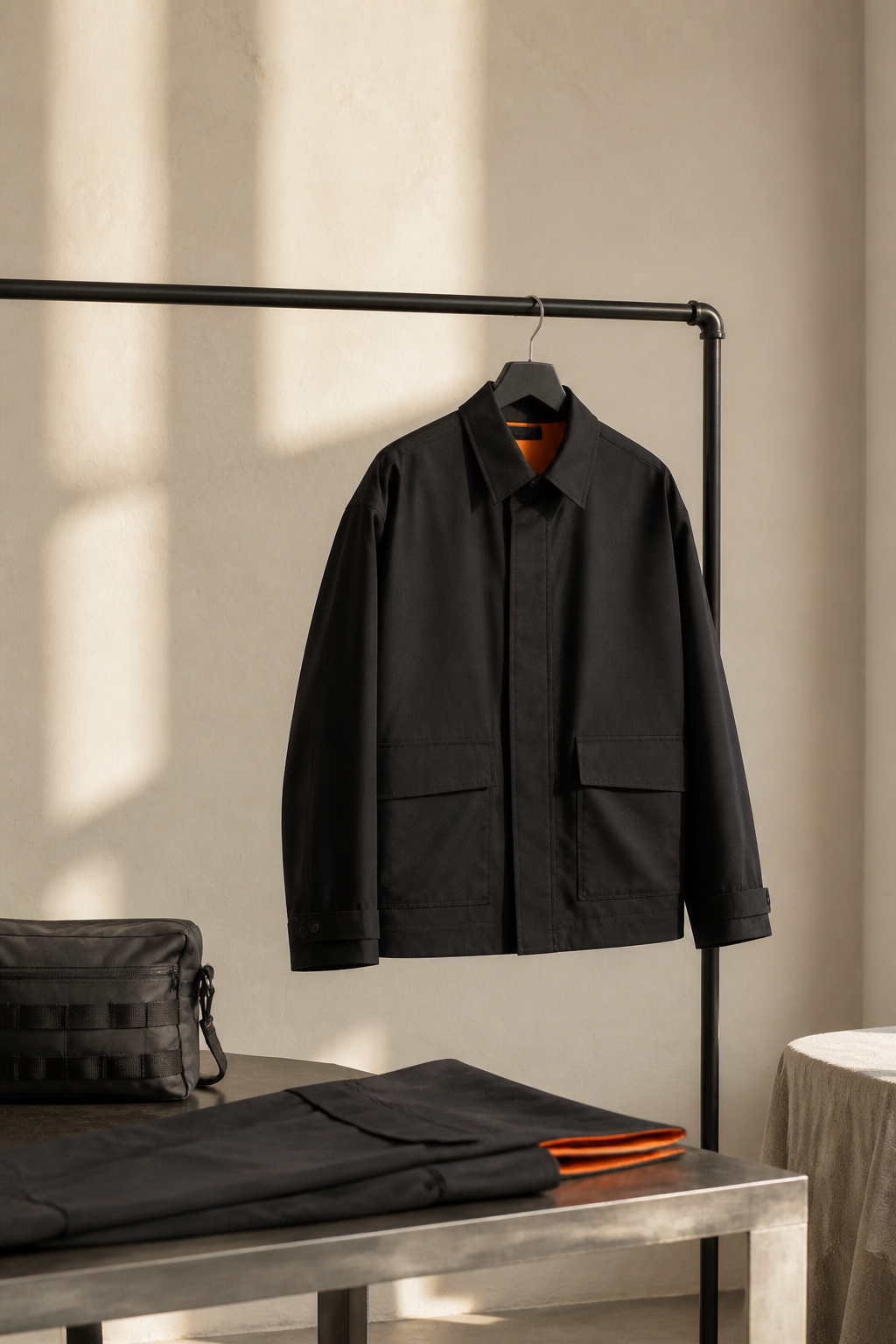 Finished technical jacket in a quiet production atelier