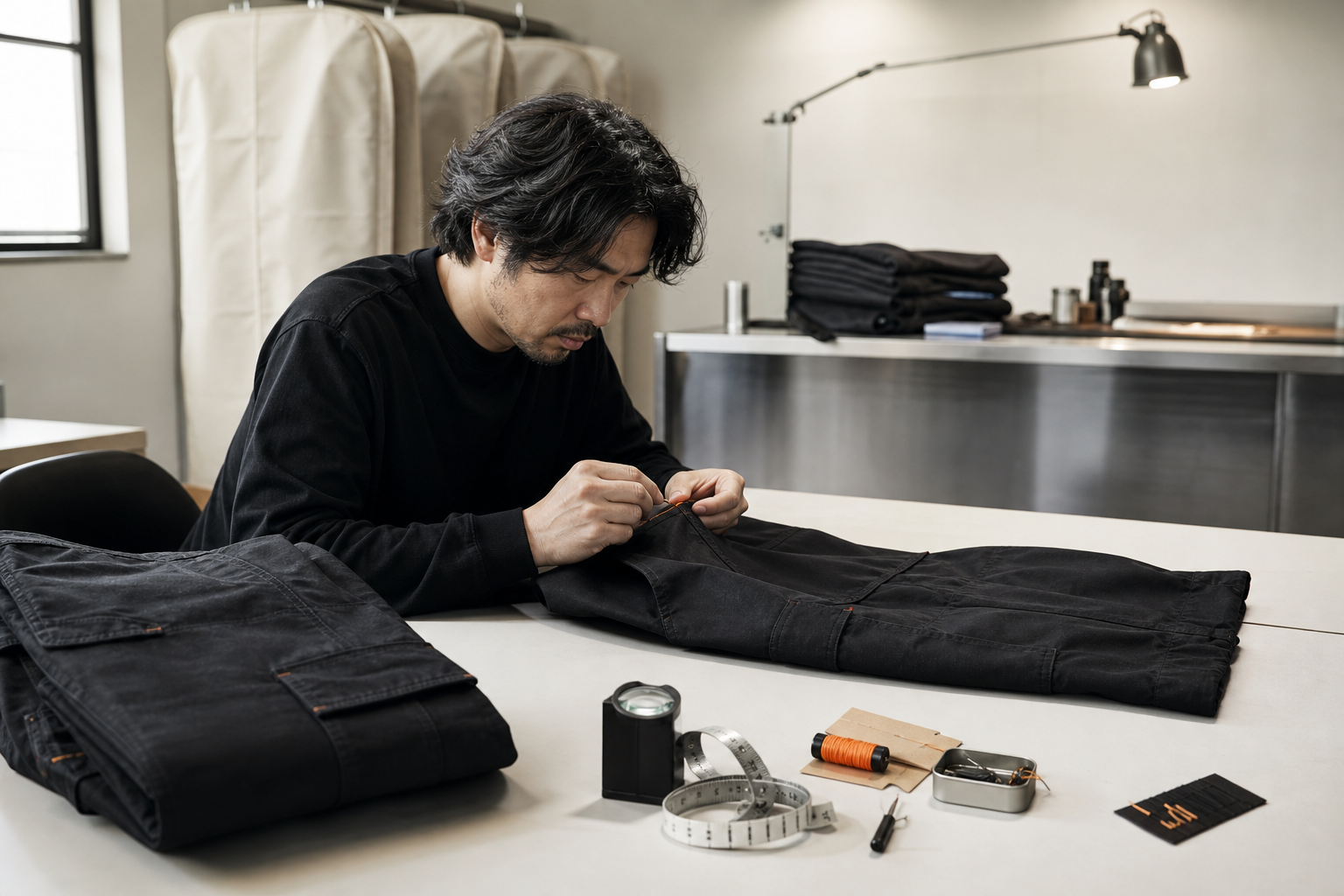Garment specialist making a final inspection on black cargo trousers at a worktable