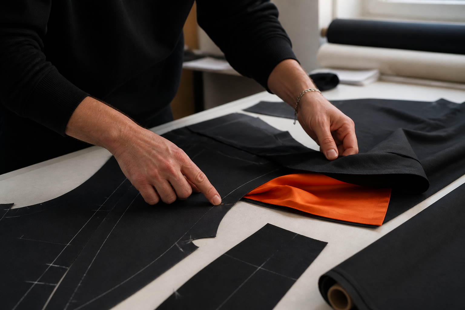 A maker checking garment pattern pieces and orange lining