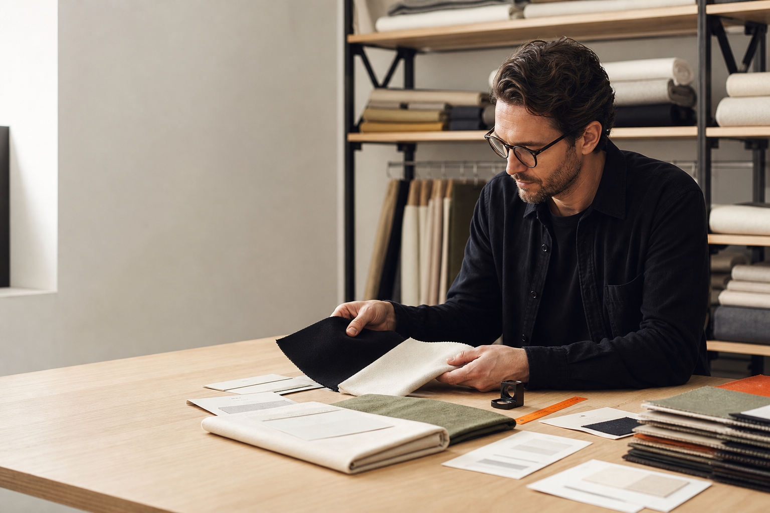 Textile specialist comparing black, off-white and olive fabric swatches in a material library