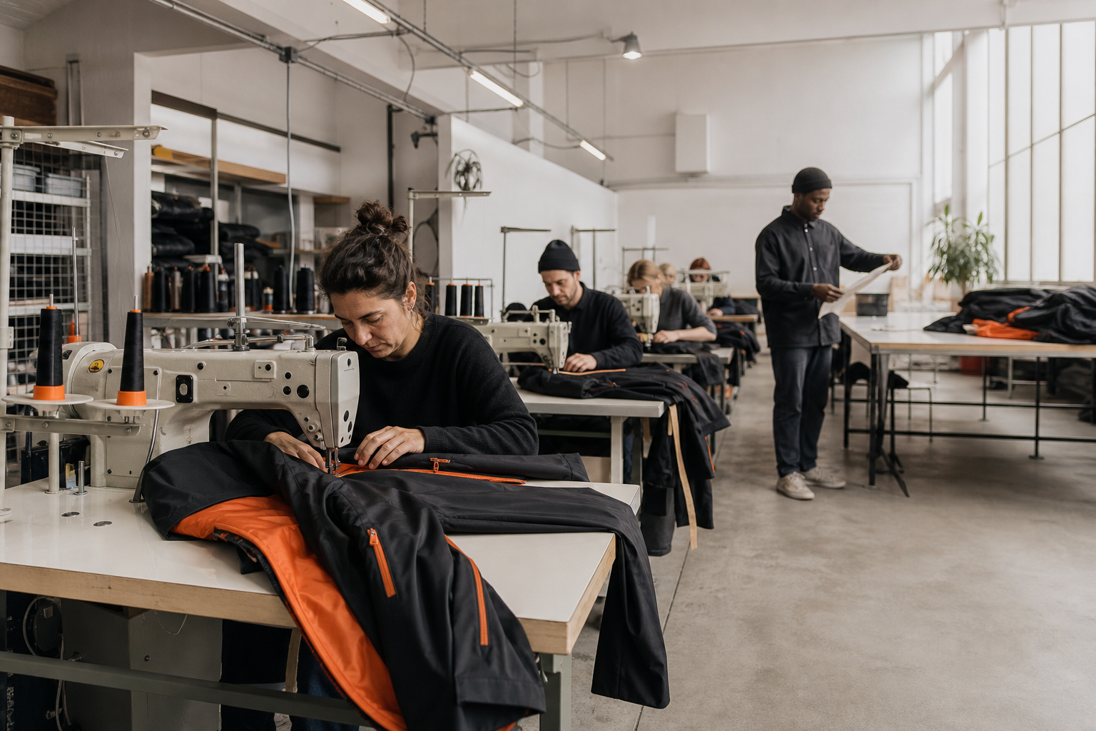 Adult garment makers working at industrial sewing machines in a small technical clothing workshop