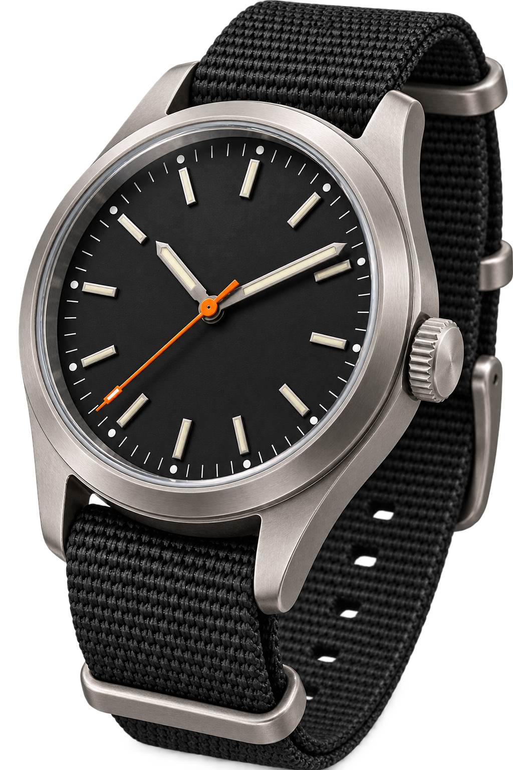 Close detail of the Vector 02 titanium watch case and woven strap